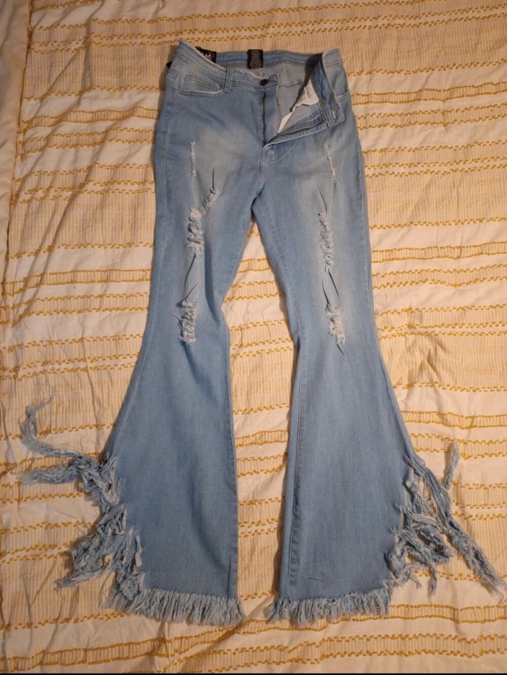 K.I.M JEANSLight Blue Distressed Frayed Hem Flare Jeans - Women